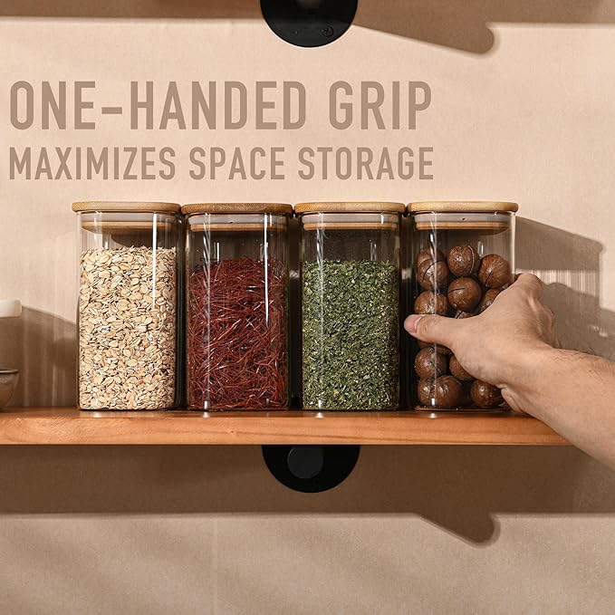 37oz Rectangle Airtight Glass Storage Containers with Bamboo Lids (Set of 4), Square Food Storage Jar, Pantry Organizers for Cereal, Nuts, Snacks and Coffee beans (with Black Lable)