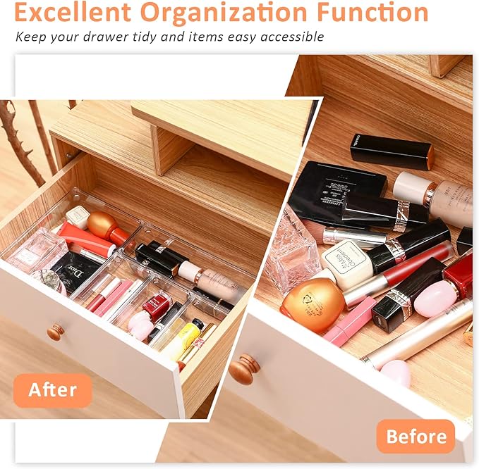 13 PCS Clear Plastic Drawer Organizer Set, GOGOODA 5 Size Large Vanity Organizer Trays with Non-Slip Pads, Multi-use Organizing Bins for Kitchen, Bedroom, Bathroom, Office, Utensils, Makeup, Jewellery