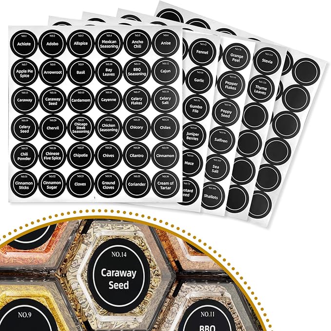Set of 12 Magnetic Spice Tins with 2 Black Metal Wall-Plates,100 Preprinted Seasoning Label Stickers,2 Styles for 3 oz Herb Jars (12 PCS)