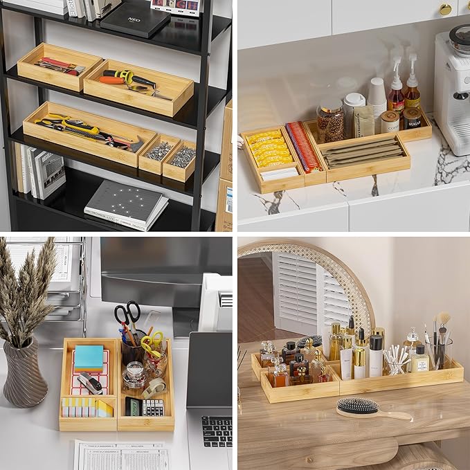 Bamboo Drawer Organizer, Small Silverware Organizer for Kitchen Drawer, Stackable Utensil Organizer, 2 Pcs Flatware Organizer for Drawer, Wooden Storage Box Tray (Bamboo, 6 X 3 X 2 Inch)