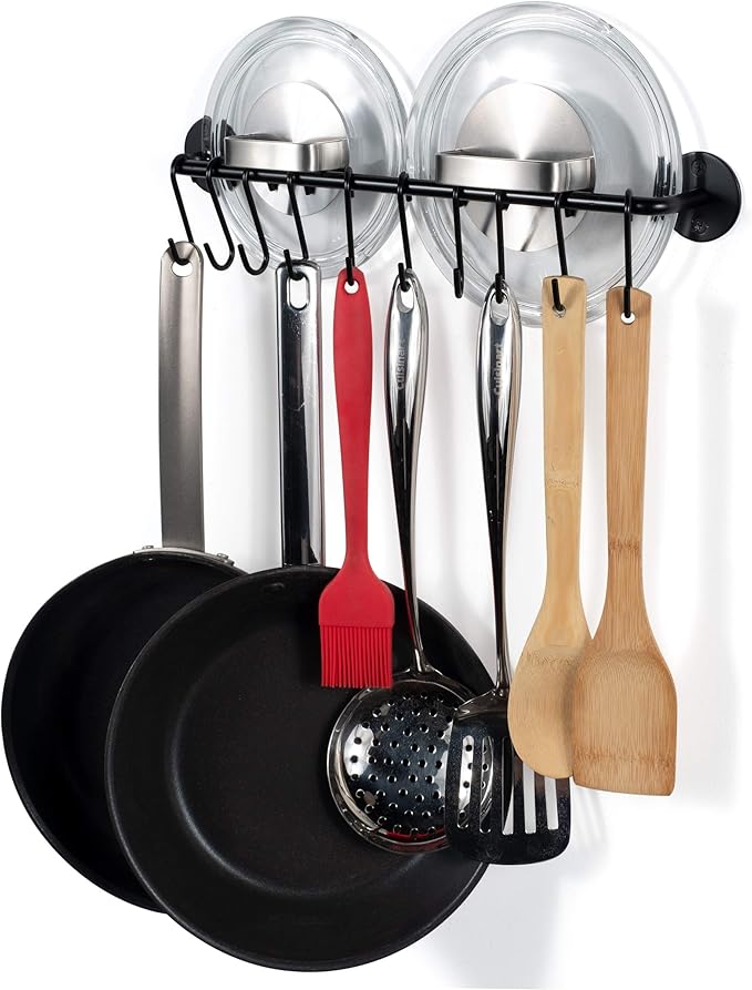 Wallniture Cucina 16" Wall Mount Kitchen Organization Storage Rail with 10 S Hooks for Hanging Pots and Pans Set and Lid Organizer, Black