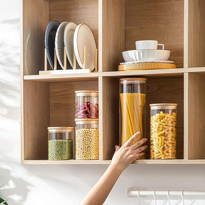 ComSaf Glass Spaghetti Pasta Storage Container with Lids 70oz Set of 3, Tall Clear Airtight Food Storage Jar with Wood Cover Kitchen Pantry Storage Container for Noodles Flour Cereal Coffee Beans