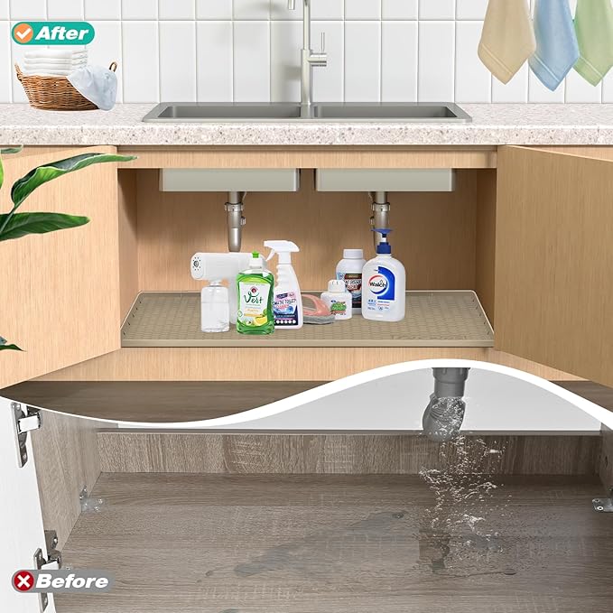 Waterproof Under Sink Mat 34" x 22", Silicone Cabinet Liner, Rubber Protector for Kitchen and Bathroom, Keeps Cabinets Clean, Dry, and Organized (Khaki)