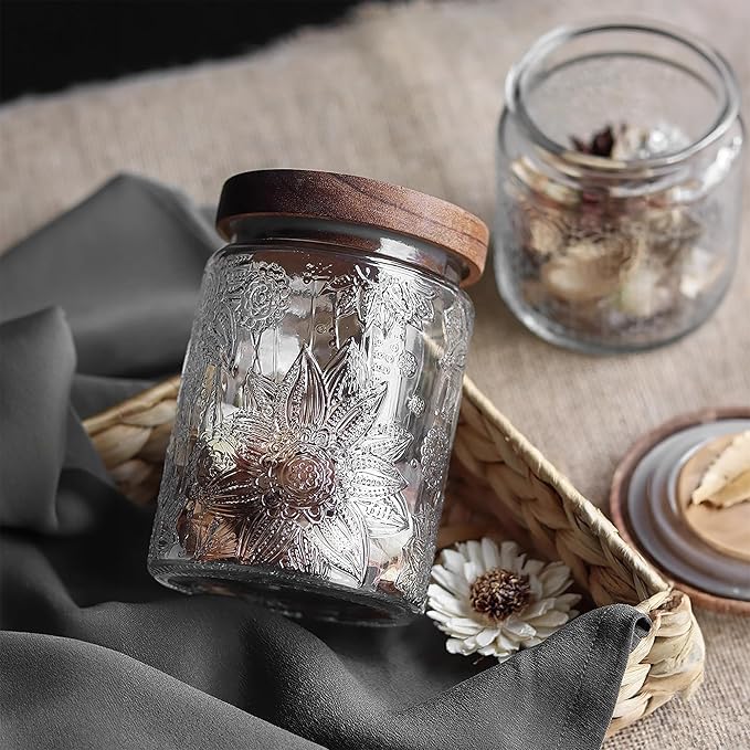 Vintage Glass Jar with Wooden Lid, 23.7 fl oz - Airtight Decorative Food Storage Canisters for Kitchen Counter, Ideal for Candy, Sugar, Coffee, Cookies