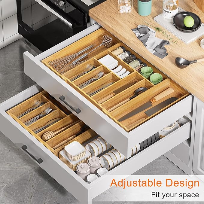 Bamboo Utensil Organizer for Kitchen Drawers, Utensil Tray and Cutlery Silverware Holder,Wood Drawer Dividers with 9 Slots