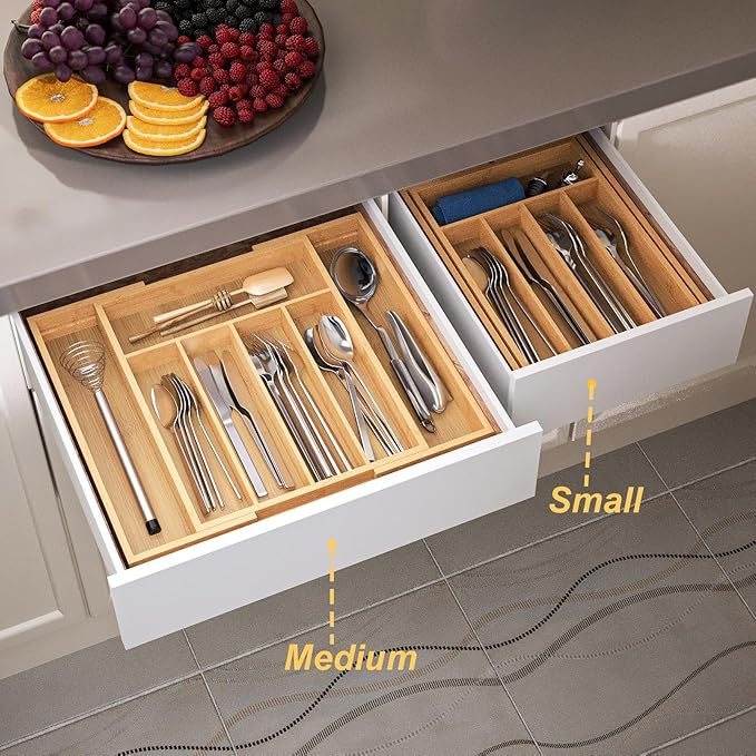 Expandable Kitchen Drawer Organizer,Bamboo Silverware Organizer for Utensils,Adjustable Flatware Tray (13.77 * 10.23~16.53 * 1.96)