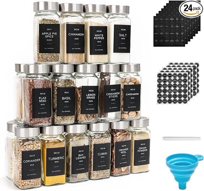 24 Pcs Glass Spice Jars with Lids, 4oz spice jars with label, seasoning containers Set, Comes with spice bottle caps, Silicone Collapsible Funnel,chalk, for Spice Rack, Cabinet, Drawer