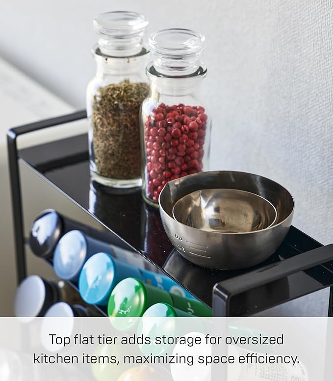 Yamazaki Home Tower 4-Tier Slim Spice Rack Organizer - Large Capacity, Angled Shelves, Flat Top Tier - Ideal For Countertops And Stove Sides - Steel