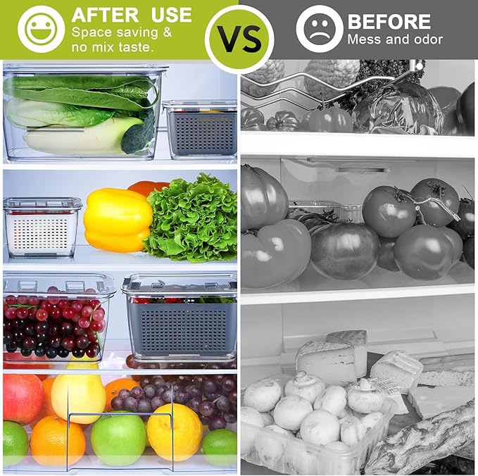 Zopeal 6 Pack Fruit Storage Containers for Fridge Produce Saver Containers for Refrigerator Fruit for Fridge Keep Fresh with Lids Colander and Dividers for Salad Berry Vegetable(White, Gray)