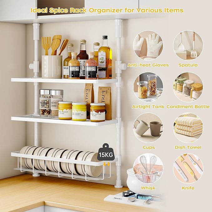 Homeiju 3-Tier Spice Rack Organizer, Multi-functional Kitchen Countertop Shelves, Wall Mount Hanging Spice Rack Seasoning Organizer for Kitchen Organization and Storage, Free Adjustable Height