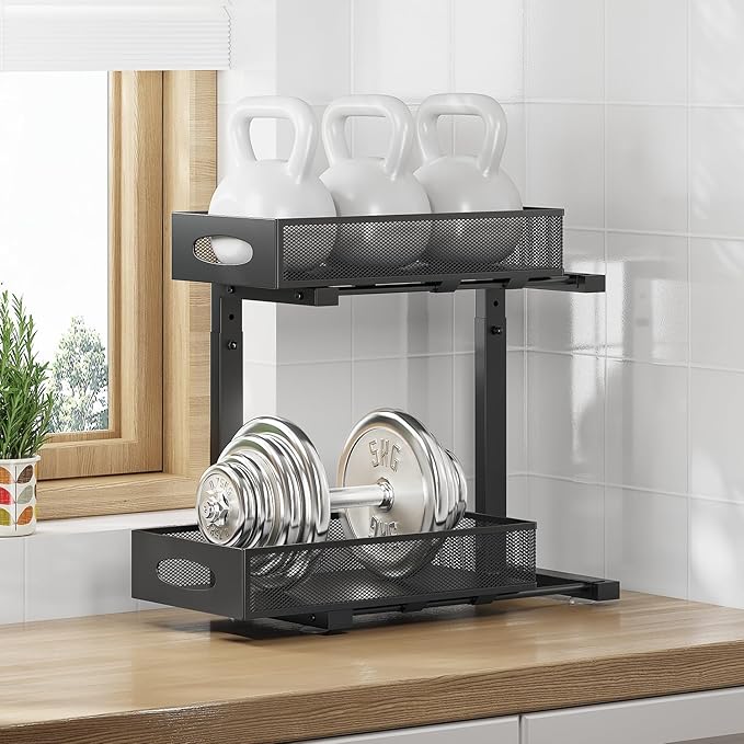 Under Sink Organizer, 2-Tier Put Out Cabinet Organizer, Adjustable Rust Proof Under Sink Organizers and Storage, Kitchen Undersink Organizers for Kitchen, Bathroom, Cabinet, Counter, 2 Pack, Black