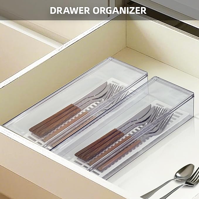2 Pack Clear Silverware organizer with lid, Plastic Flatware Storage Box, Kitchen Drawer Organizer tray, Cutlery Utensil Holder
