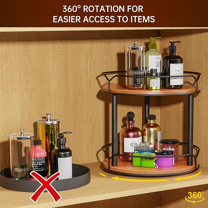Lazy Susan Organizer 2 Tier - Turntable Spice Rack for Table Top, Wooden Rotating Lazy Susan for Cabinet Pantry Kitchen Countertop Dining Table Cupboard Bathroom Vanity Storage