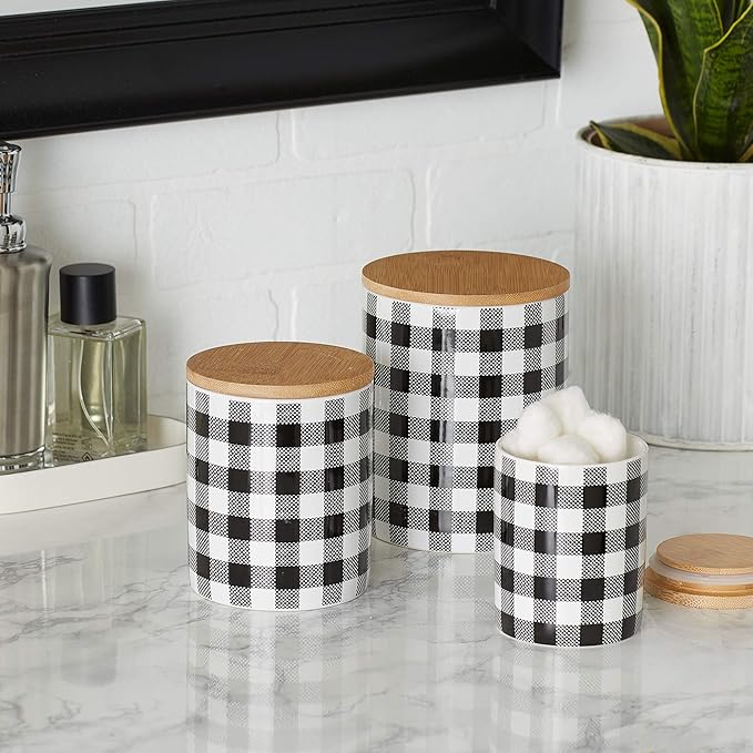 DII Ceramic Canister Sets for the Kitchen Food Safe Storage Containers with Lids, Large, Medium & Small, Buffalo Check, Black & White, 3 Count