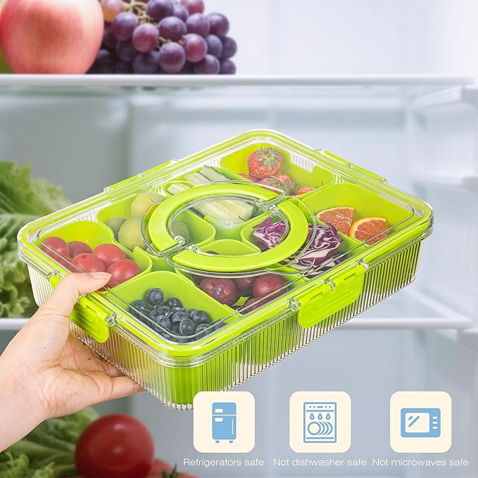 Patent Design Ribbed Snackle Box Container Divided Serving Tray with Lid and Handle -Charcuterie Container Portable Storage Organizer for Candy, Fruit, Beach, Picnics(1 pcs, Green)