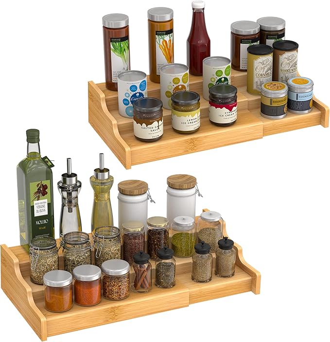 Ruichang 2PCS 3 Tier Expandable Bamboo Spice Rack Seasoning Organizer for Cabinet Pantry Countertop Kitchen Step Shelf