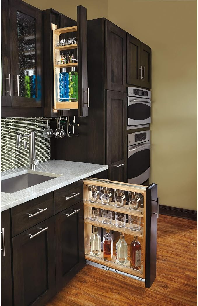 Rev-A-Shelf Pullout Shelf Organizer for Base Kitchen or Bathroom Cabinets, Wood Filler Pantry Storage or Spice Rack, Maple, 9" x 23" x 30", 432-BF-9C