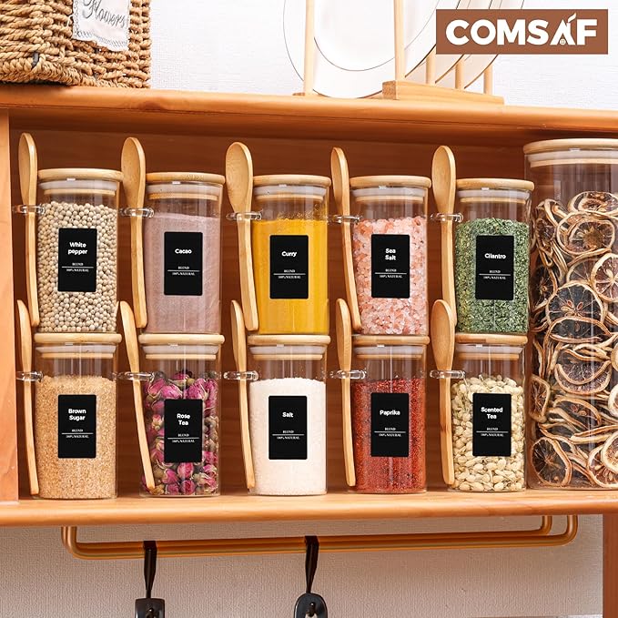 ComSaf 12 Pcs Glass Spice Jars with Spoons, 10oz Containers with Bamboo Lids, Glass Storage Containers with Airtight Lids with 275 Labels for Seasonings, Salt, Loose Leaf Tea Storage