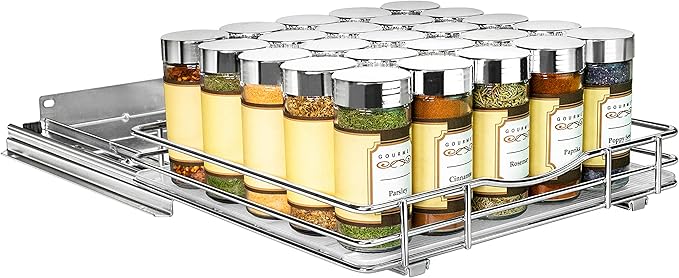 LYNK PROFESSIONAL® Pull Out Spice Rack Organizer for Inside Kitchen Cabinets - 10-1/4 inch Wide - Slide Out Drawer – Chrome Sliding Spice Cabinet Organization Shelf Racks - 1 Tier