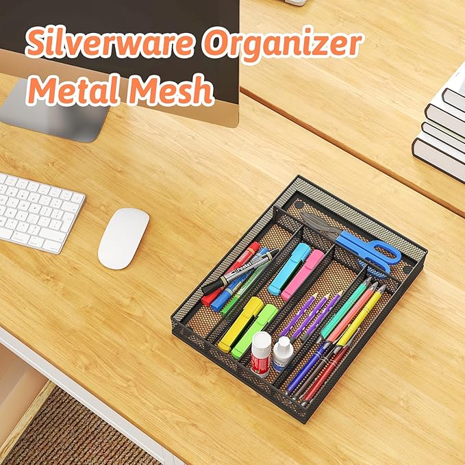 Kitchen Drawer Organizer Flatware Organizer,Drawer Dividers with 5 Compartment,Silverware Organizer Metal Mesh Cutlery Tray Mesh Organizer (9.3" x 12.6 ")