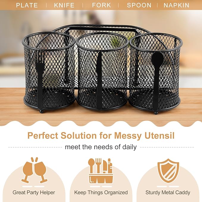 Metal Utensil Caddy Silverware Organizer, Paper Plate Holder Cutlery Container, Flatware Spoon Fork Storage for Outdoor Party Camping Picnic Buffet RV BBQ Farmhouse Kitchen Countertop (Black)