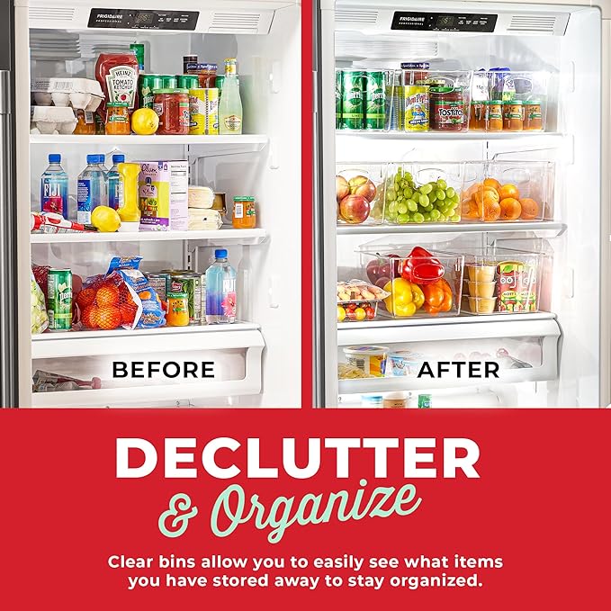 Clear Refrigerator Organizer Bins - Plastic Fridge Organizers - Storage Containers for Organizing Pantry, Cupboard, Cabinet, Freezer, Food, Fruit, Kitchen, Bathroom - Refrigerator Storage Bin set of 8