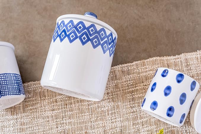 Vietri Viva Santorini Geo Medium Canister Stylish Ceramic Earthenware Kitchen Storage Jar with Lid 6.5 Inch Blue White
