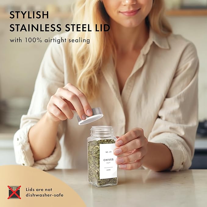 Glass Spice Jars with Label and Stainless Steel Lids (24 x 4oz) Spice Containers with 240 Labels, Shaker Inserts, Steel Funnel, Empty Square Empty Square Seasoning Organizer