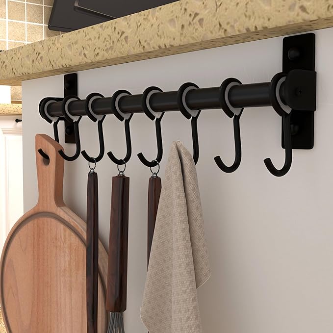 Dseap Kitchen Hooks for Hanging Utensils, Hanging Pot Rack, Kitchen Utensil Hanger Rail with 8 Hooks for Pots Pans, Spoons, Mugs, Wall Mounted, Stainless Steel, Black, Pack of 2