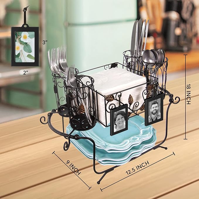 Utensil Caddy - Silverware Caddy or Napkin, Cutlery and Plate Holder - The Ideal 2-Piece Portable Outdoor Kitchen Accessories Buffet Organizer for Picnics, Camping, Barbecue, Parties and Events