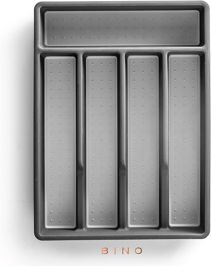 BINO | 5-Slot Silverware Organizer | Small - Grey Cutlery Tray Organizer | Silverware Storage for Drawer | BPA-Free Plastic Organizers with Soft-Grip Lining and Rounded Corners | Utensil Organizer