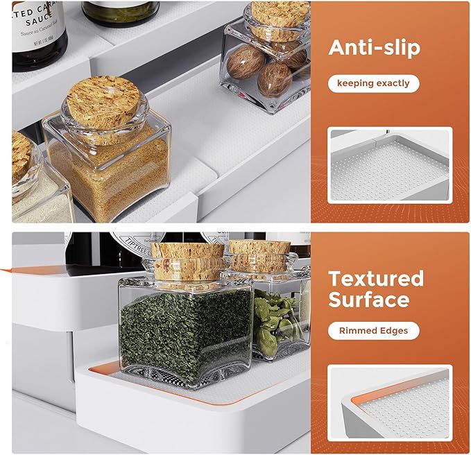 Expandable Spice Rack Organizer for Cabinet - 3 Tier Adjustable Cabinet Spice Organizer Easy Visibility - Spice Organizer for Cabinet Countertop Cupboard Pantry Organization (White)