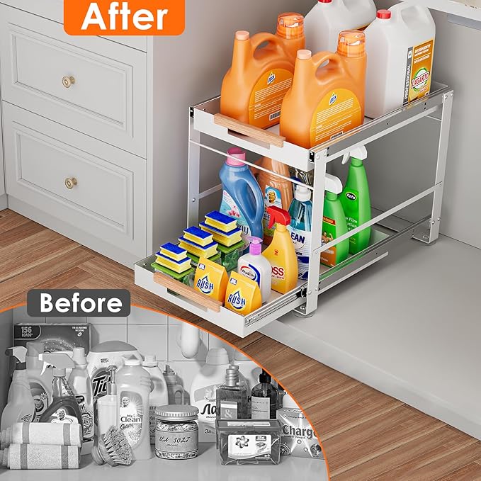 Under Sink Organizer, Pull Out Cabinet Organizer 2 Tier Slide Out Sink Shelf Cabinet Storage Metal Shelves, Sliding Under Sink Storage for Kitchen Bathroom Laundry Cabinet, Grey, 1 Pack (White)