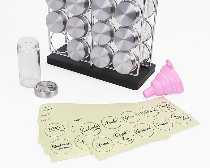 Orii 20 Jar Chrome Wire Spice Rack with Bamboo Base | Includes Silicone Funnel | 160 Preprinted + 20 Blank Spice Labels Included | Compact and Minimalistic Kitchen Pantry Spice Organizer Rack