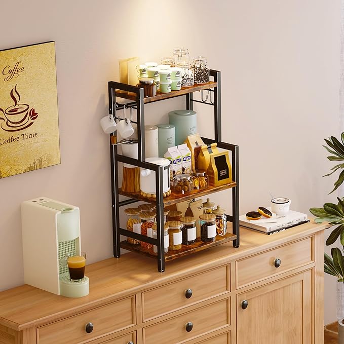 Kitchen Countertop Organizer,3 Tier Large Spice Rack Organizer with Adjustable Shelf and 5 Hooks,Wooden Counter Organizer,Space Saving Countertop Shelf Microwave Stand for Kitchen,Bathroom,Coffee Bar