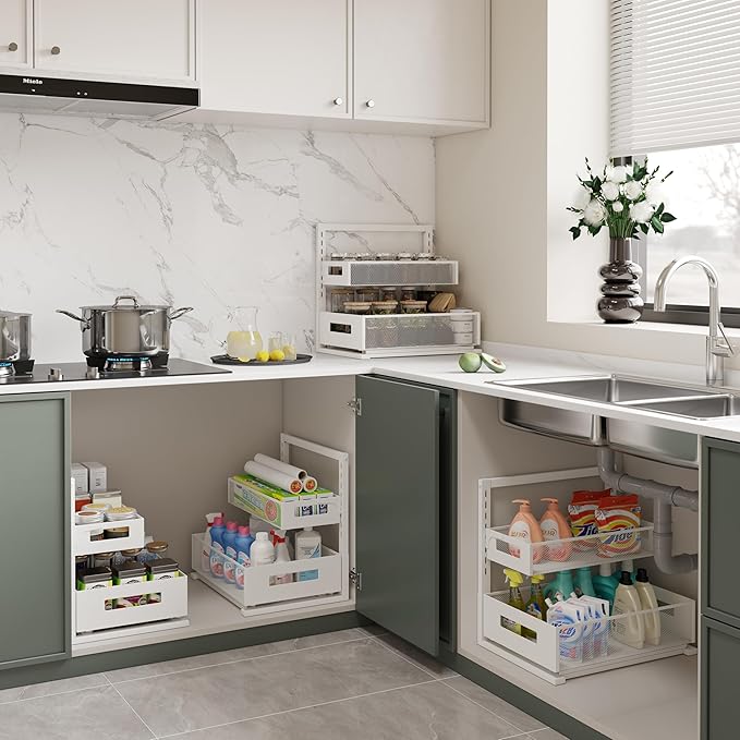 Pull-out Under Kitchen Sink Organizer, Metal Functional Under Sink Organizer, Height Adjustable Under Bathroom Sink Organizer, Under Sink Storage for Kitchen Bathroom Cabinet (White)