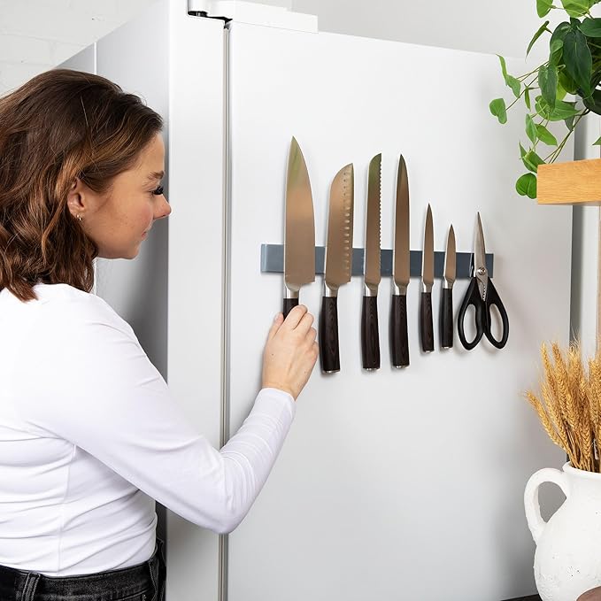 Gunmetal Magnetic Knife Holder 16 Inch Exclusive Color, Extra Strong Adhesive Strip for Wall or Fridge, No Drill Stainless Steel Kitchen Organizer