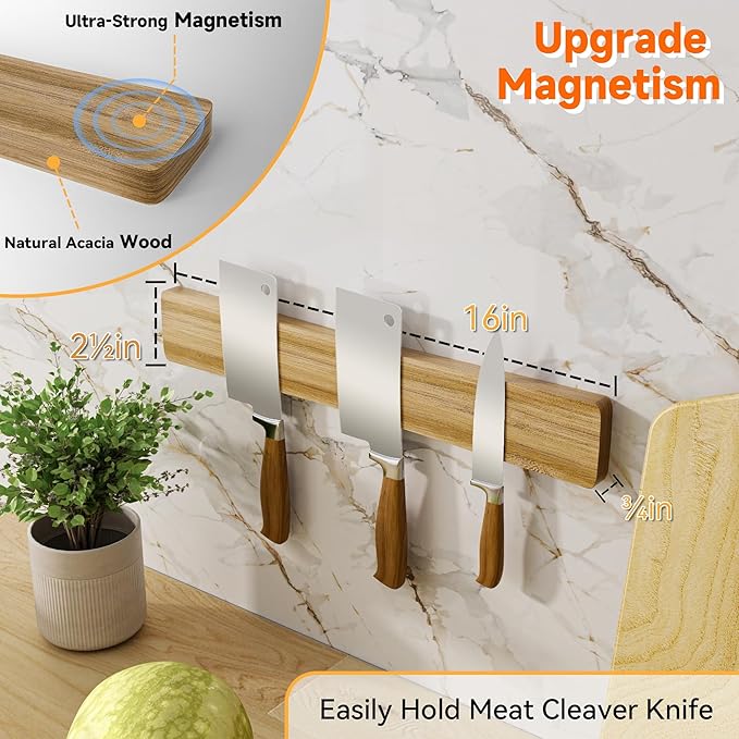 Magnetic Knife Holder for Wall, 16" Acacia Wood Knife Magnetic Strip Powerful Magnet Knife Holder Strip No Drill Use as Tool Key Storage Knife Bar, Knife Rack for Kitchen Utensil Organizer Light Brown