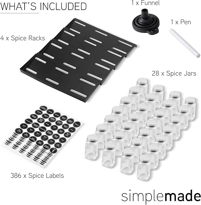 SIMPLEMADE-Spice Drawer Organizer, Spice Rack Drawer for Kitchen, 4 Tier Black Drawer Spice Organizer with 28 Jars and labels with a pen, Silicone Funnel, 13" by 17.5"