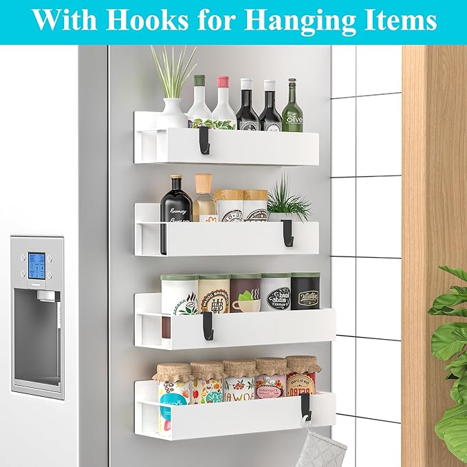 4 Pack Magnetic Spice Storage Rack Organizer for Refrigerator and Oven, White Fridge Organizers and Storage