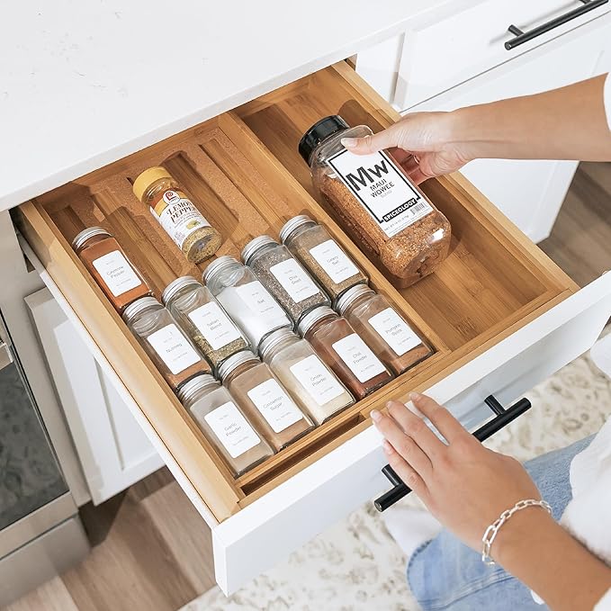 Spice Drawer Organizer with Expandable Storage. Holds up to 15 Spice Jars (Not Included), Non-Slip Feet, Kitchen Accessory Storage, 100% Sustainable Bamboo Wood