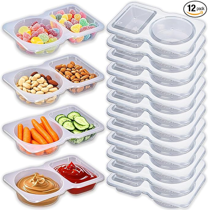 12Pcs Snack Pack Containers, Double Compartment Condiment Containers with Lids, Reusable Small Sauce Dipping Containers, Grab and Go Snack Containers, Disposable Snack Box Container for Kids Adults