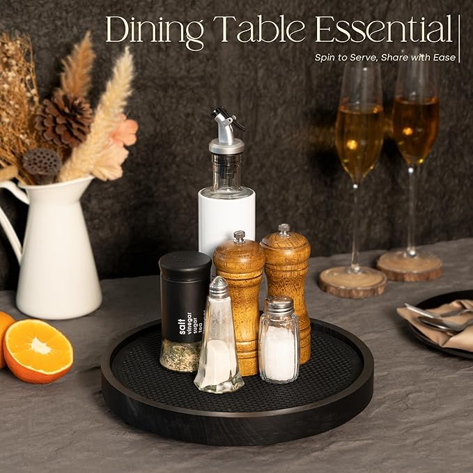 Wood Non-Skid Lazy Susan Organizer Turntable for Organization and Storage – Chic 10.5" Lazy Susan Turntable for Cabinet, Bathroom Decor & Coffee Table - Ideal for Home and Kitchen (Black)
