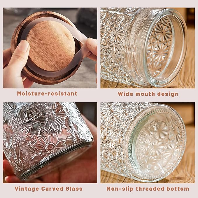Vintage Glass Jars with Wooden Lids, 6 Pack 24 oz Airtight Glass Food Storage Containers Sets for the Kitchen, Sugar Coffee Candy Spice Cookie Tea Pasta