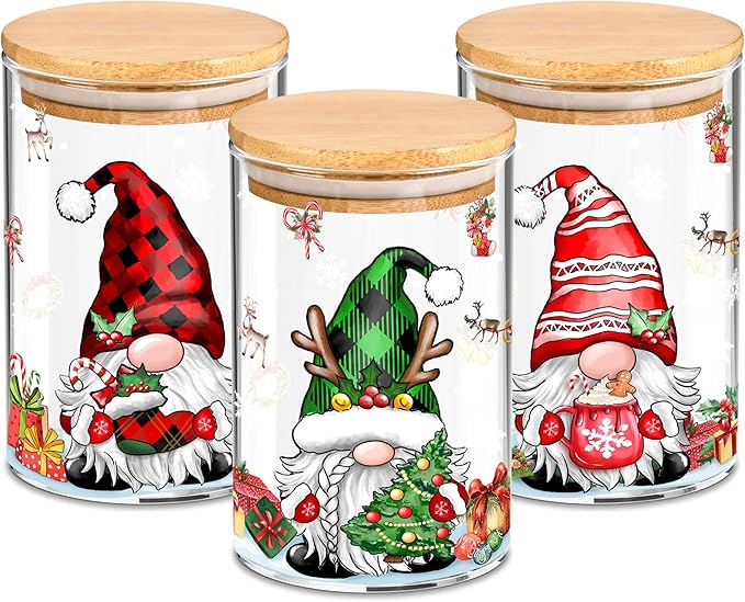 3 Pack Christmas Glass Storage Jars With Airtight Bamboo Lid Gnome Snowflakes Canister Sets for Kitchen Countertop Decor Cookie Jars Candy Containers