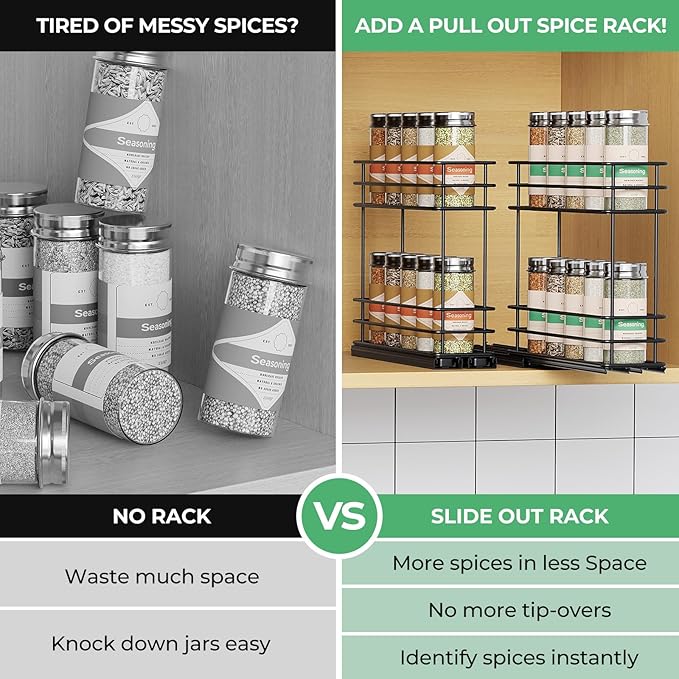Pull Out Spice Rack Organizer for Cabinet, Slide Out Spice Racks, Easy to Install Spice Cabinet Organizers, 2.75''Wx10.35''Dx8.26''H, 2 Drawer 2 Tiers(Black
