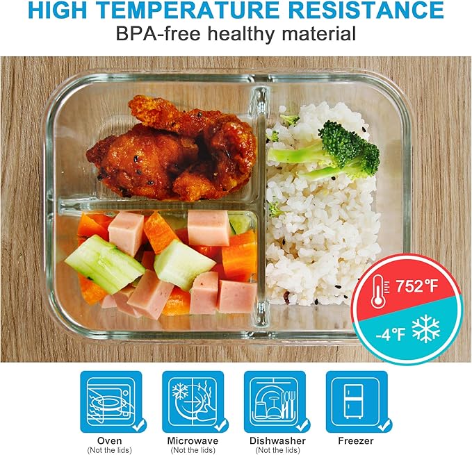 DAS TRUST 3 Pack Bento Box Glass Meal Prep Containers 3 Compartment Glass Food Storage Containers with Lids Meal Prep Bowls Lunch Box Food Prep