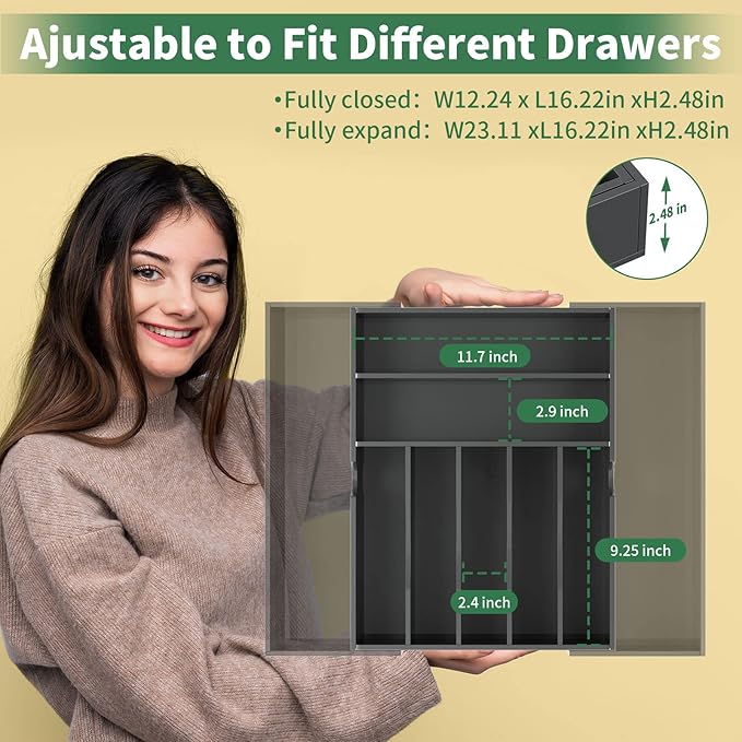 NIUBEE Expandable Kitchen Drawer Organizer for Flatware and Utensils,Black Acrylic Adjustable Silverware Tray for Drawer,Office,Bathroom Supplies-9 Compartments