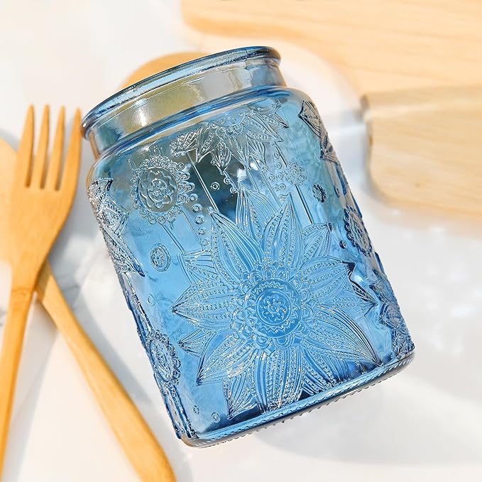 Blue Vintage Glass Candy Jar with Airtight Bamboo Lid, 23.7oz Kitchen Storage Canister for Sugar, Coffee, Tea, Cookies, Bath Salt - Decorative Mason Jar for Pantry & Counter(Blue, 23.7 fl oz)