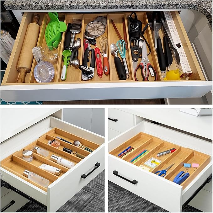Bamboo Expandable Kitchen Drawer Organizer, 13" to 23" Adjustable Utensils and Cutlery Tray, Wood Drawer Organizer for Silverware Flatware
